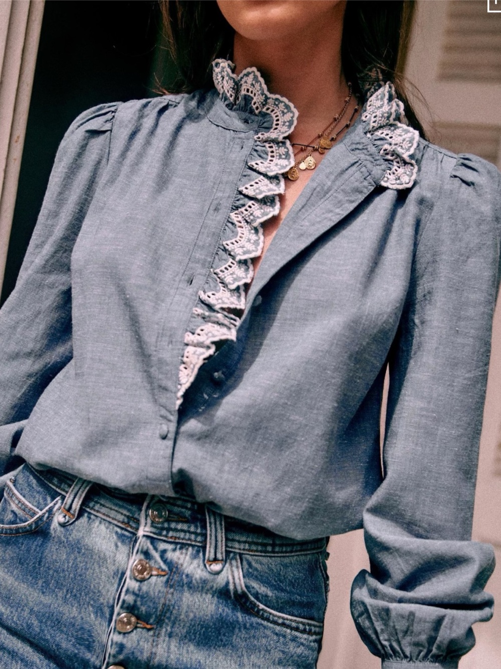 Sézane Chloe Blue Lace-Trim Button Front Blouse